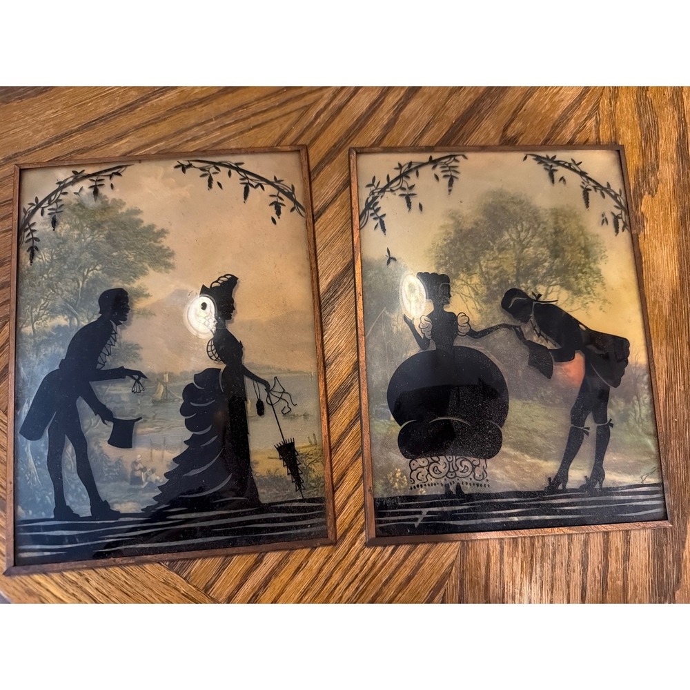Vintage Set of 2 Reverse Painted Glass Silhouettes Victorian Courtship Scene